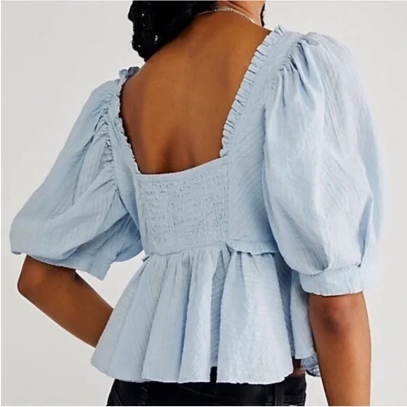 Free People Leave It To Me Peplum Blue Crop Top Small Square Neck Pleated - Picture 4 of 11